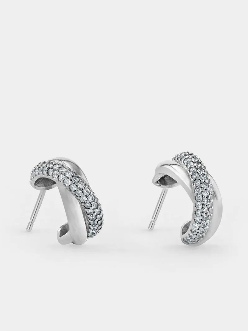 Sterling Silver Cubic Zirconia Pavé Twist Women’s Half Hoop Earrings