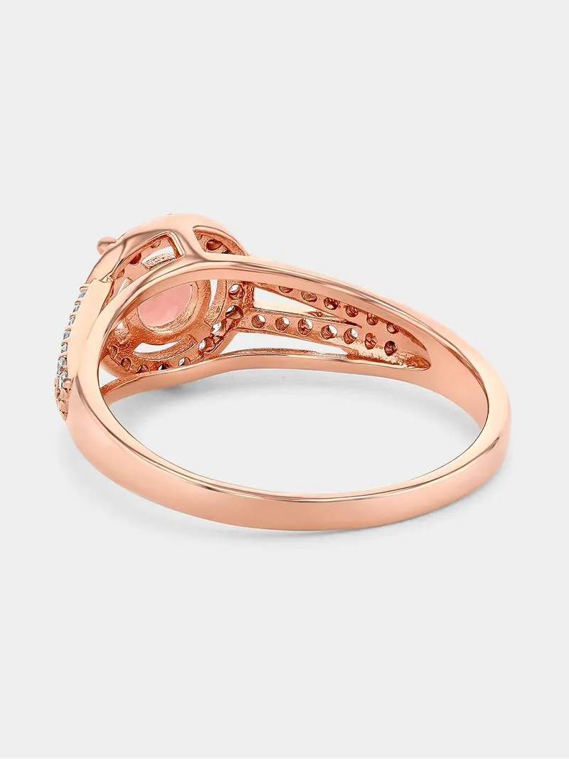 Rose Plated Sterling Silver Morganite Peach Cubic Zirconia Round Halo Ring