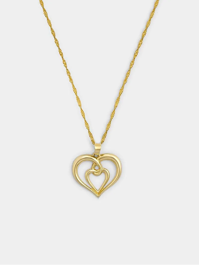 Yellow Gold Double Heart Pendant on Sterling Silver & Gold Bonded Chain