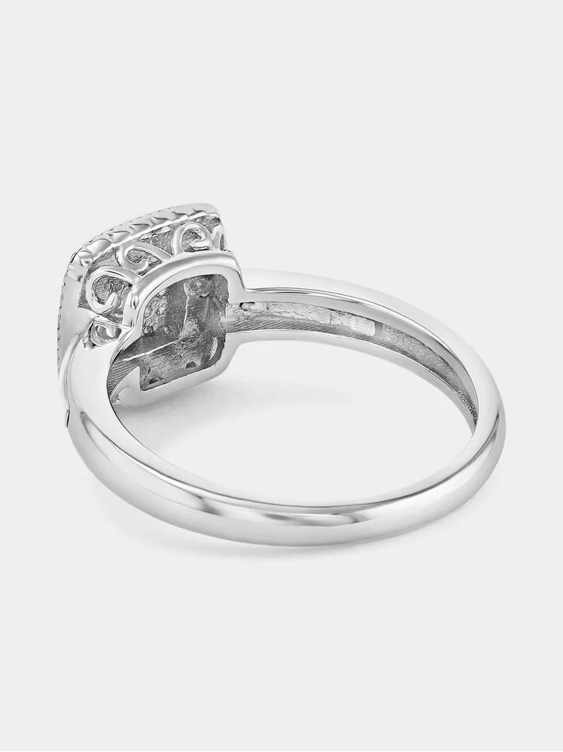 Yellow Gold & Sterling Silver Diamond & Created Sapphire Cushion Halo Ring