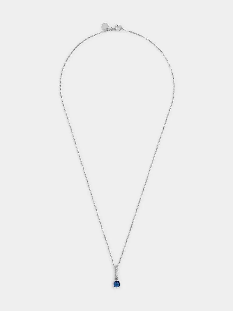 Sterling Silver Sapphire Blue Cubic Zirconia Bar Pendant