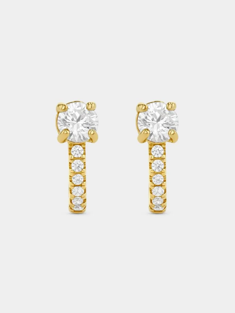 Gold Plated Sterling Silver Cubic Zirconia Solitaire Pave Hoop Earrings