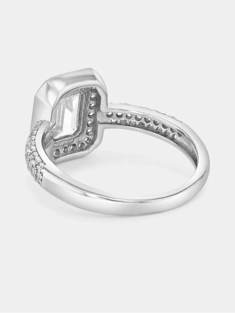 Sterling Silver Cubic Zirconia Bezel Emerald-Cut Halo Ring