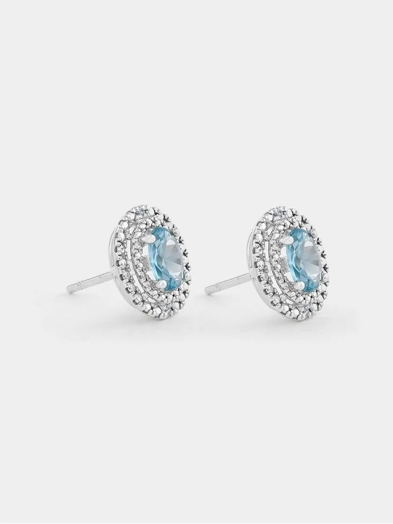 Sterling Silver Diamond & Created Aquamarine Oval Halo Stud Earrings