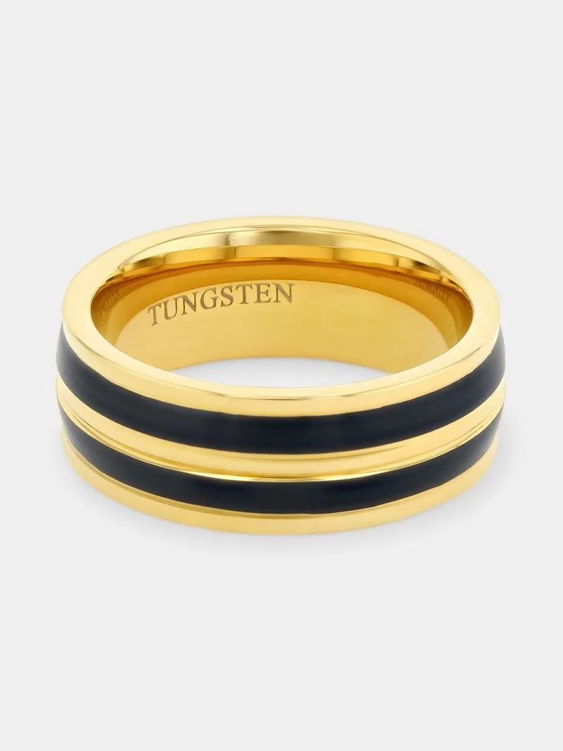 Tungsten 2-Tone Gold Plated Black Striped Ring