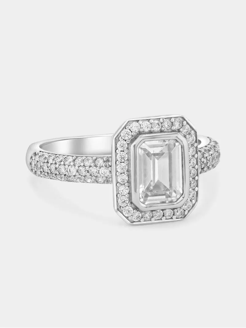 Sterling Silver Cubic Zirconia Bezel Emerald-Cut Halo Ring