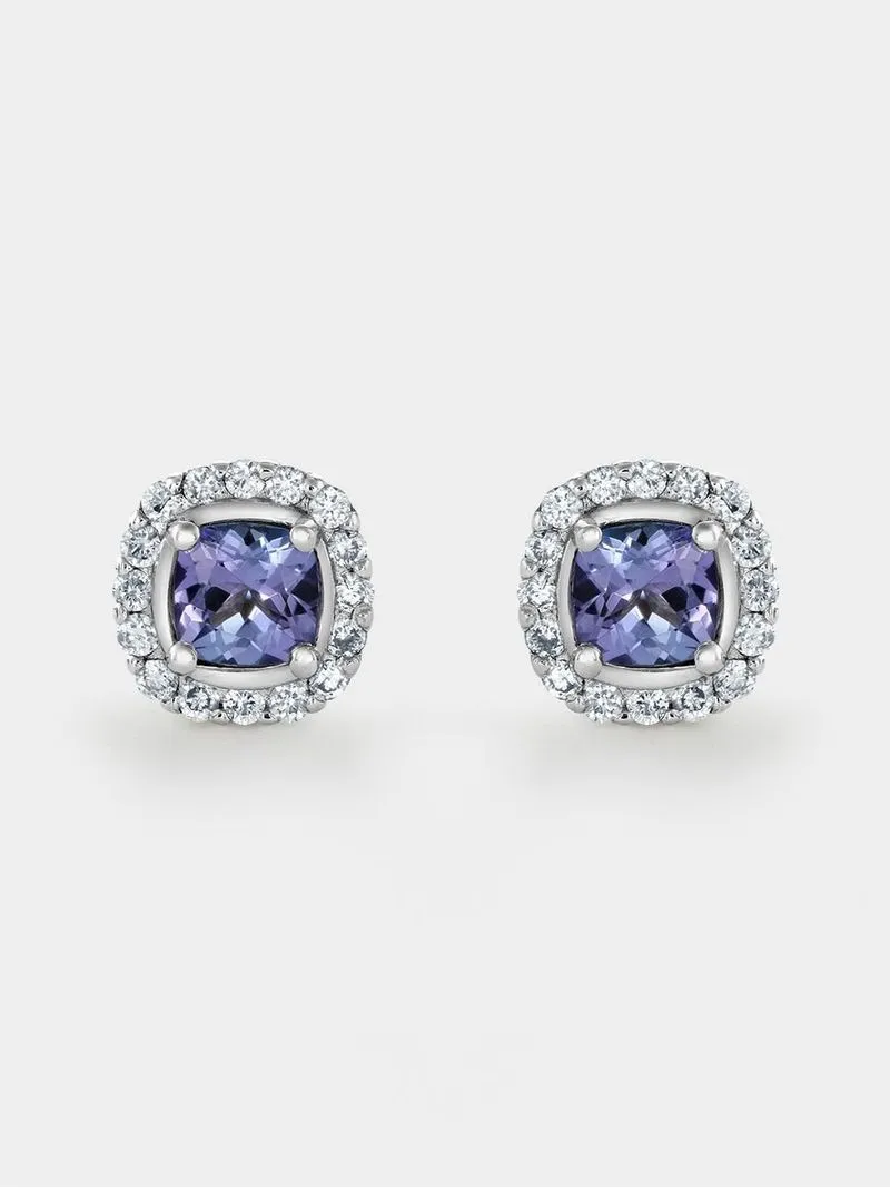 White Gold Tanzanite & Diamond Cushion Halo Stud Earrings
