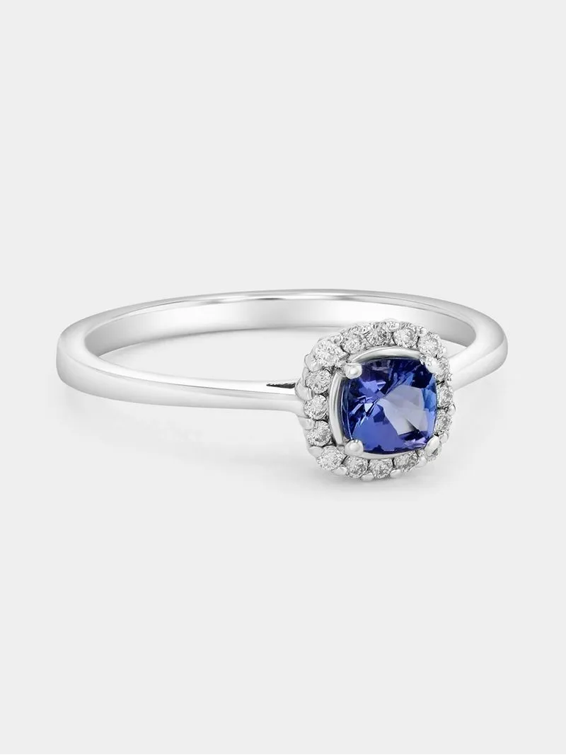 White Gold Diamond & Tanzanite Cushion Halo Ring