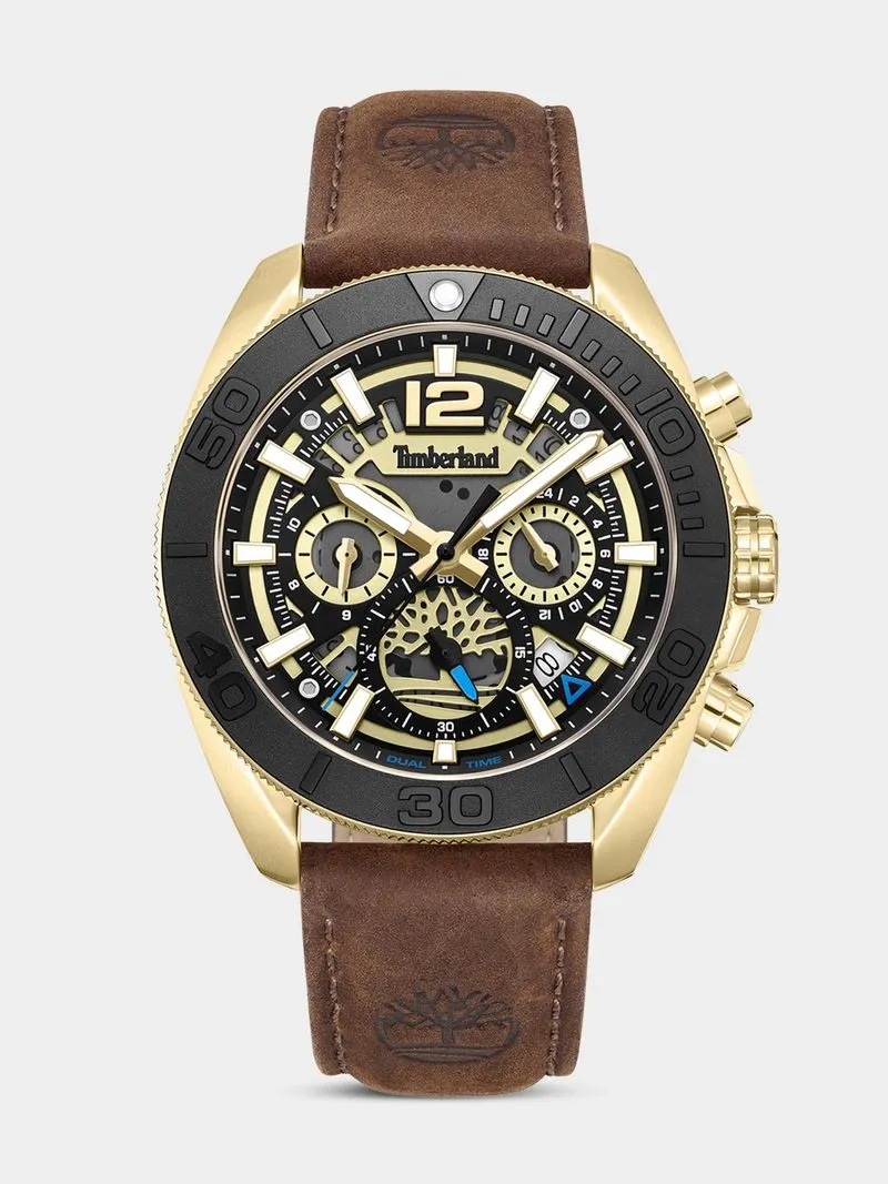Timberland Marshfield Gold Plated Black Dial Brown Leather Chronograph Watch