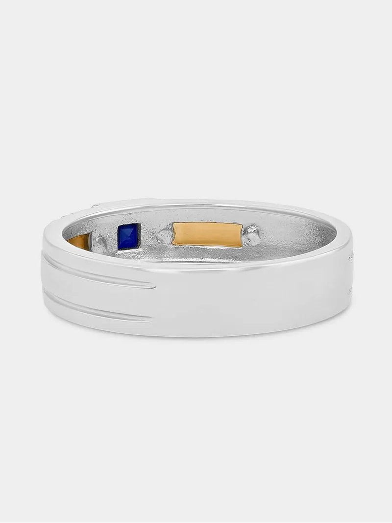 Yellow Gold & Sterling Silver Created Blue Sapphire Men's Wedding Band