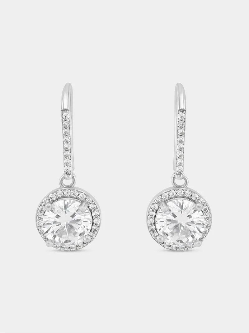Sterling Silver Cubic Zirconia Round Halo Drop Earrings