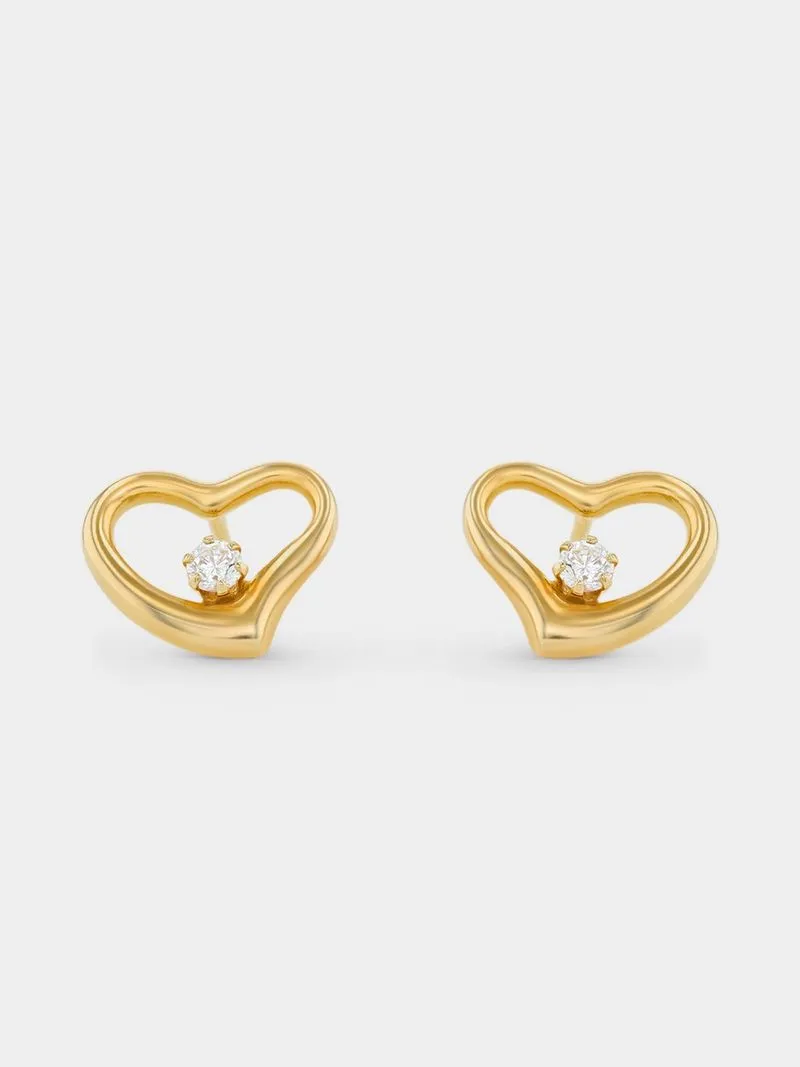 Yellow Gold & Sterling Silver Cubic Zirconia Heart Stud Earrings