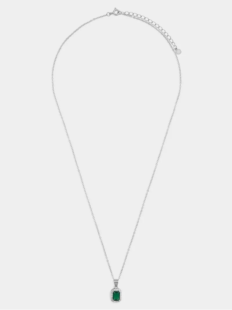 Sterling Silver Green Cubic Zirconia Emerald-Cut Halo Pendant