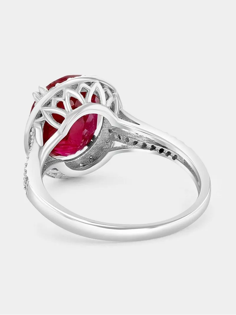 White Gold Lab Grown Ruby & Moissanite Women’s Oval Halo Ring