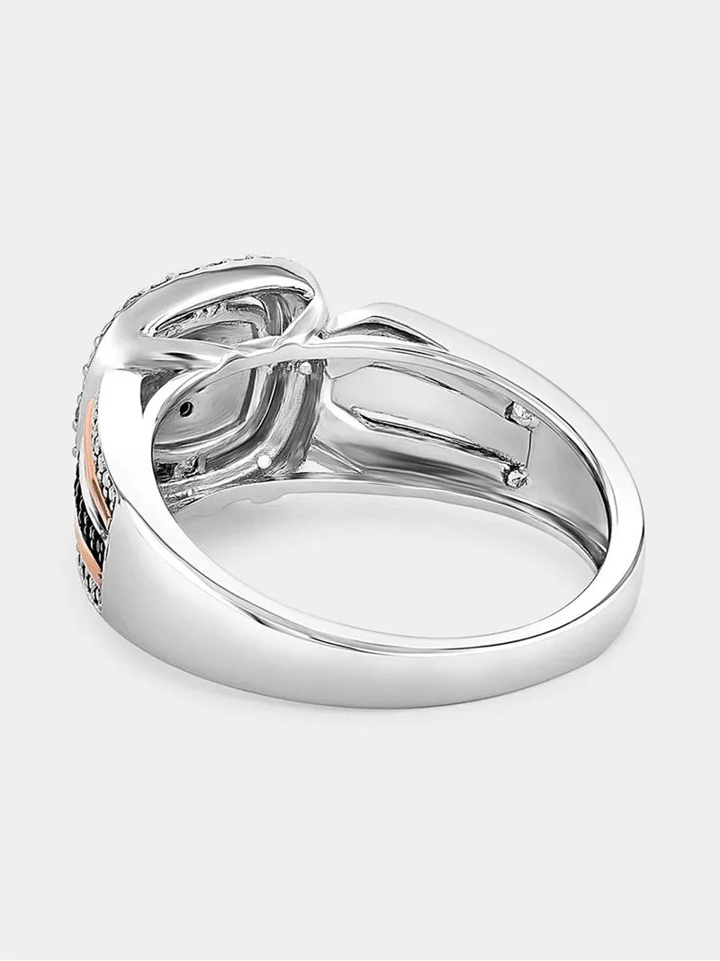 Rose Gold & Sterling Silver Black & White Diamond & Created Sapphire Cushion Halo Ring