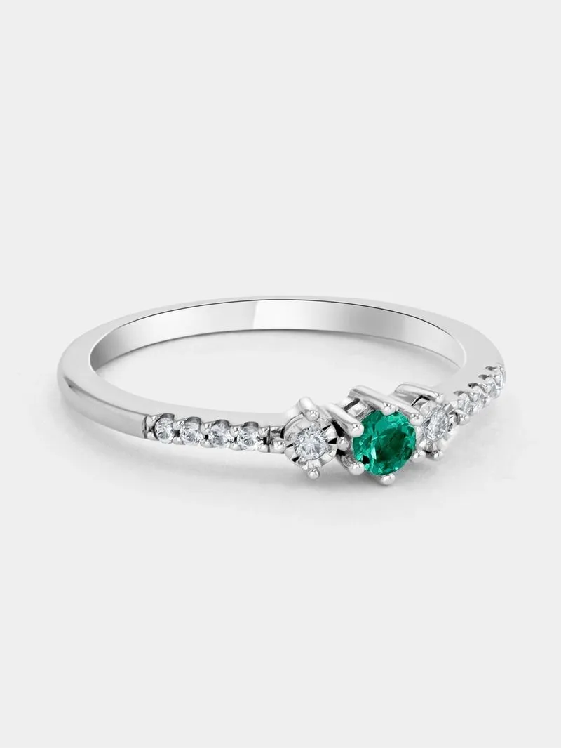 Sterling Silver Diamond & Emerald Yesterday, Today & Forever Ring