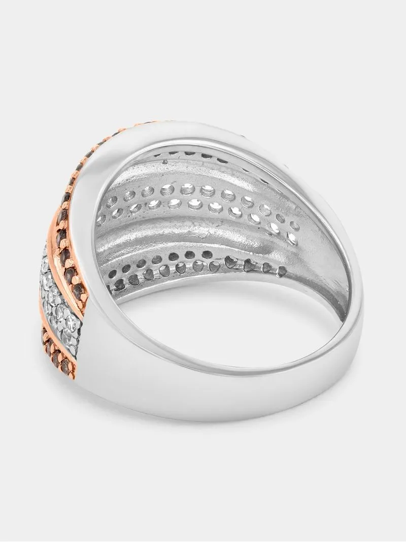 Cheté Rose Plated Sterling Silver Champagne Cubic Zirconia Triple Row Ring