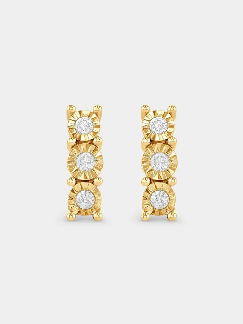 Yellow Gold Diamond Illusion 3-Stone Stud Earrings