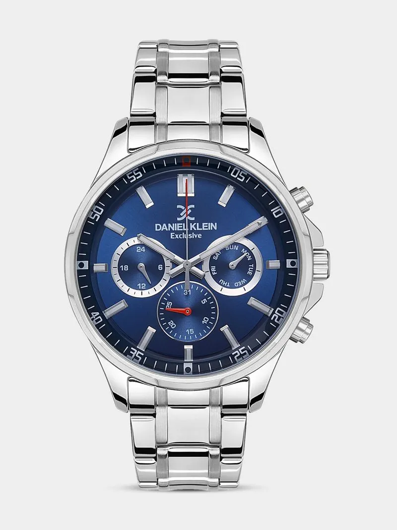 Daniel Klein Silver Plated Blue Dial Chronographic Stainless Steel Bracelet Watch