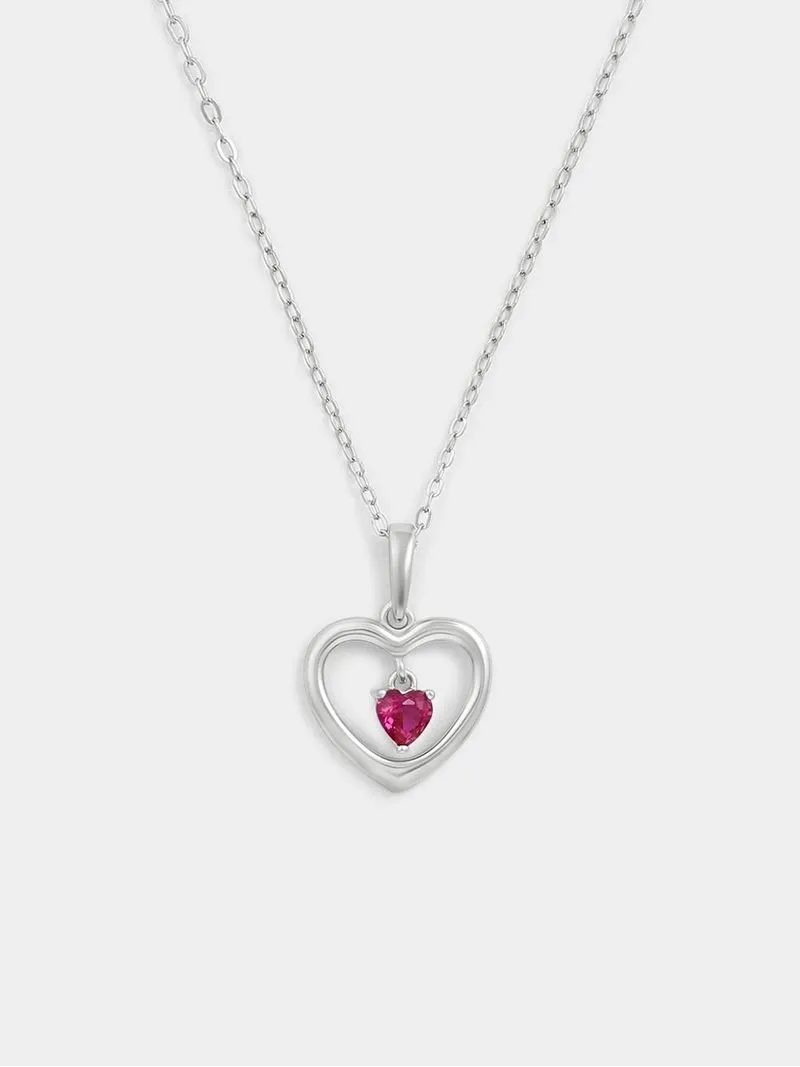 Sterling Silver Ruby Red Cubic Zirconia July Birthstone Kid’s Heart Pendant