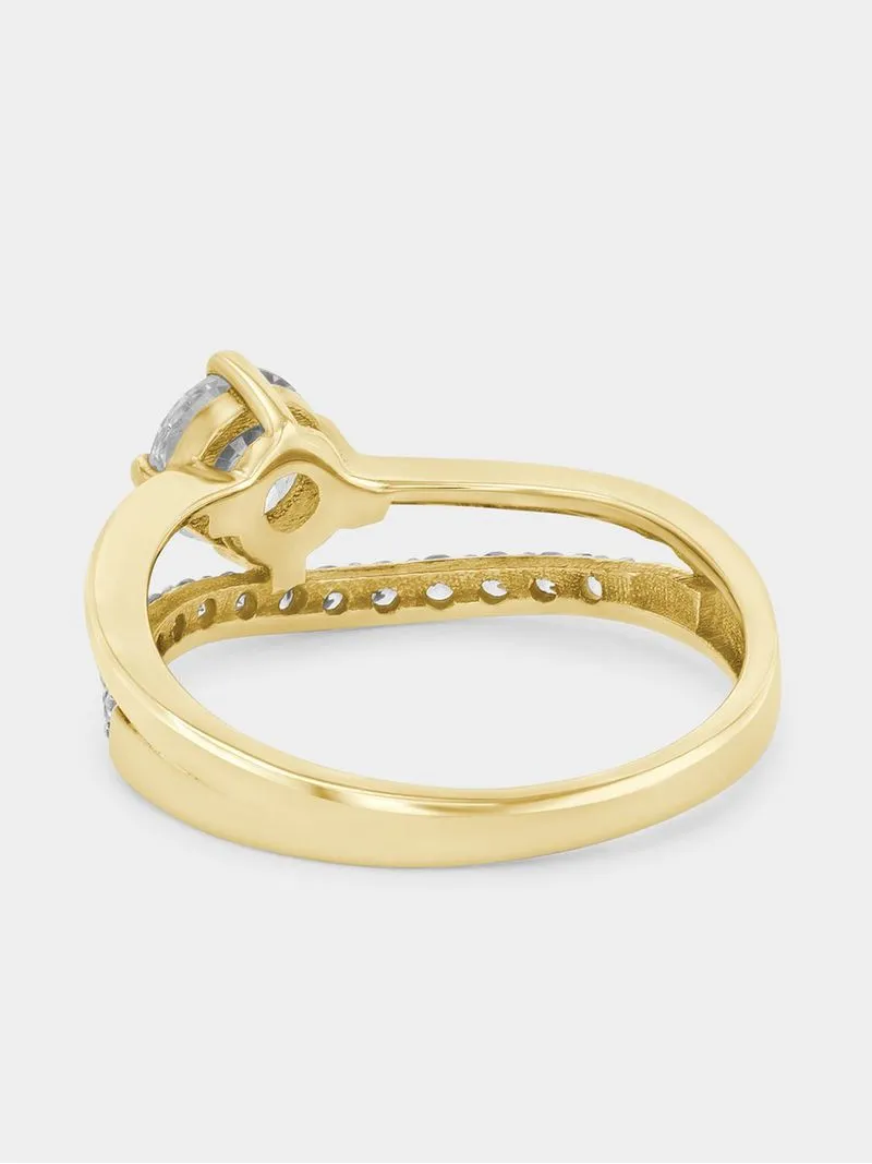 Yellow Gold Cubic Zirconia Solitaire Wave Ring