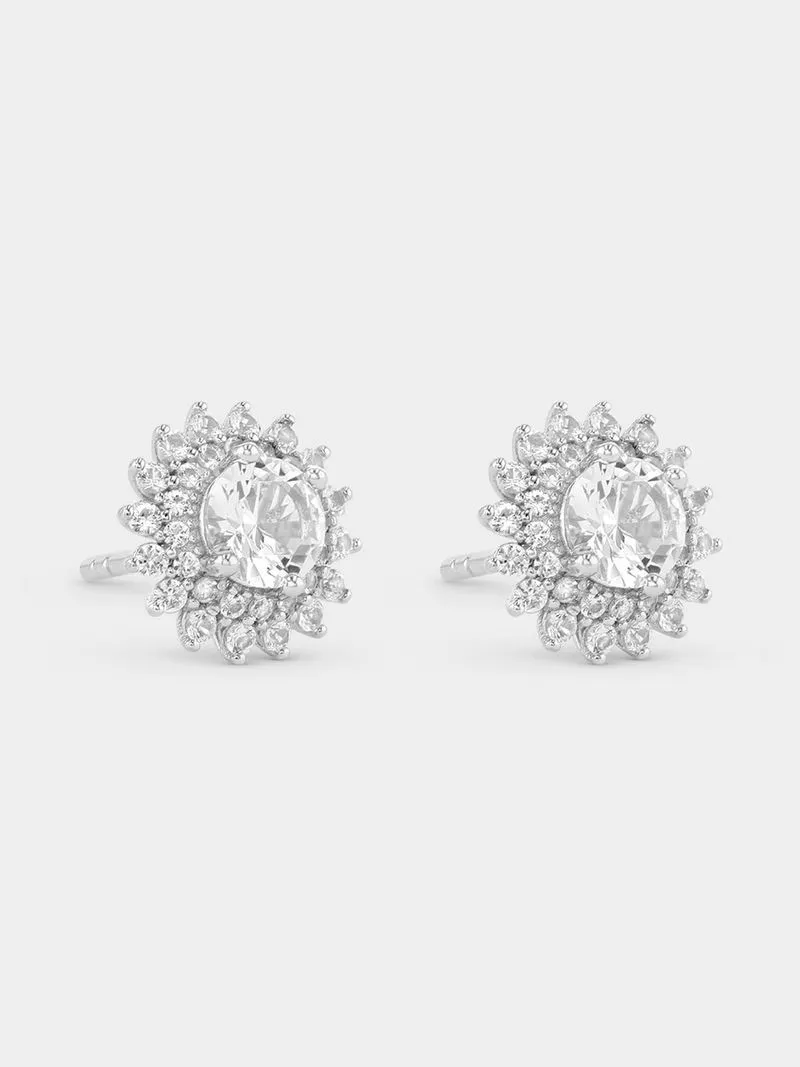 Sterling Silver Ladies Round Cluster Stud Earrings