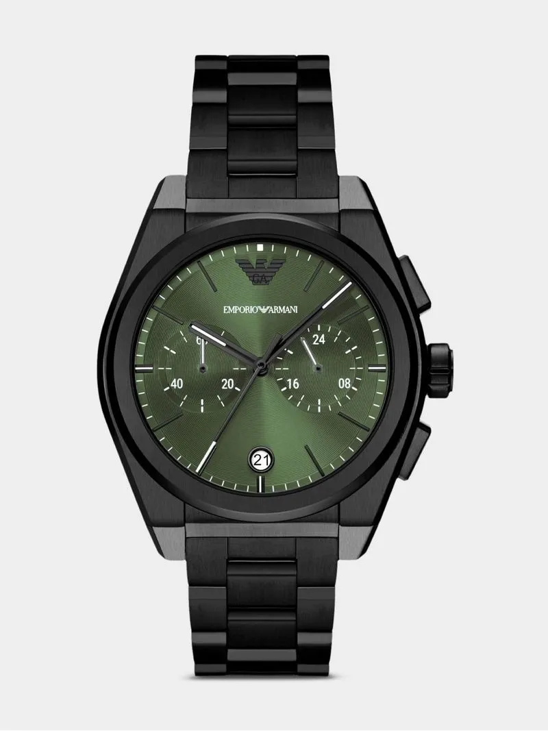 Emporio Armani Green Dial & Black Plated Stainless Steel Chronograph Bracelet Watch