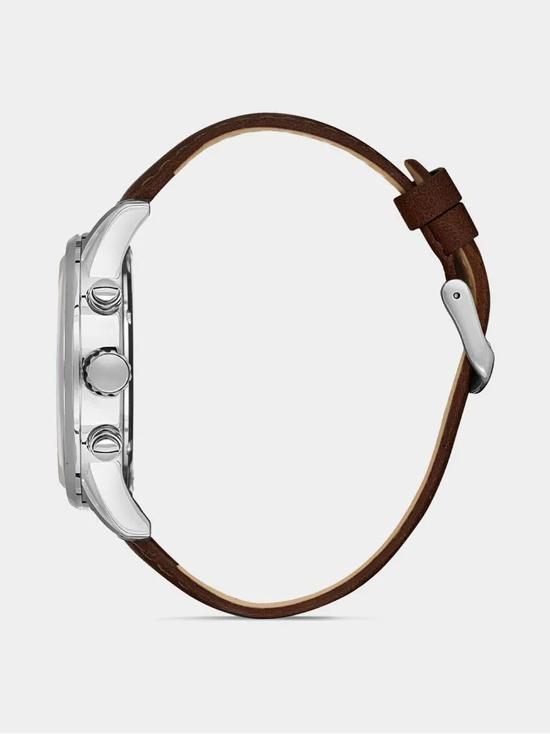 Daniel Klein Silver Plated Chronographic Brown Leather Watch
