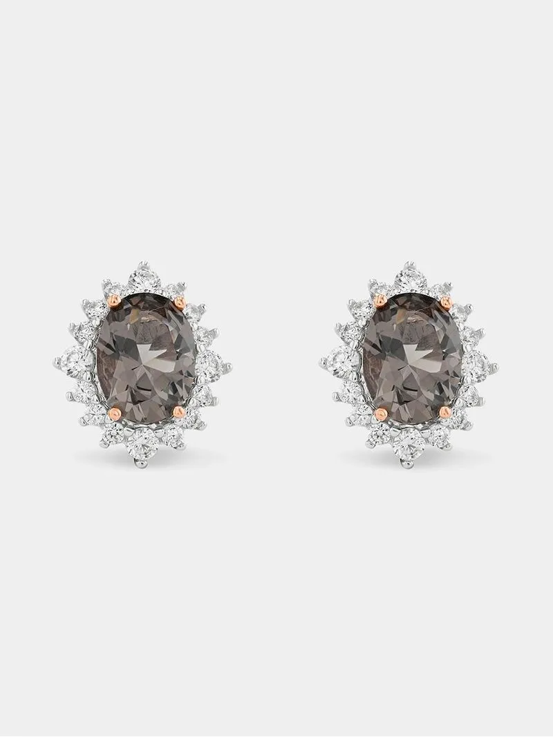 Sterling Silver & Rose Gold Women’s Grey Cubic Zirconia Halo Stud Earrings