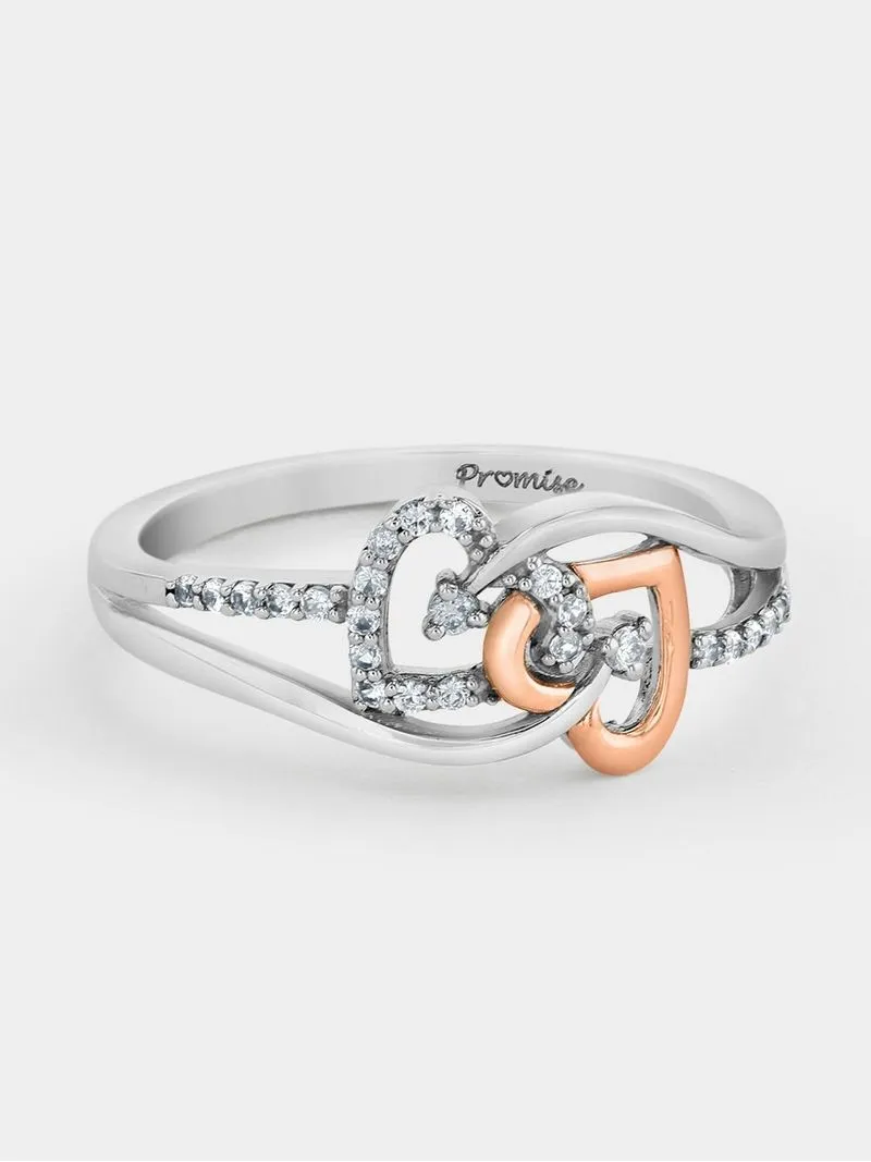 Rose Gold & Sterling Silver Cubic Zirconia Women’s Entwined Hearts Promise Ring