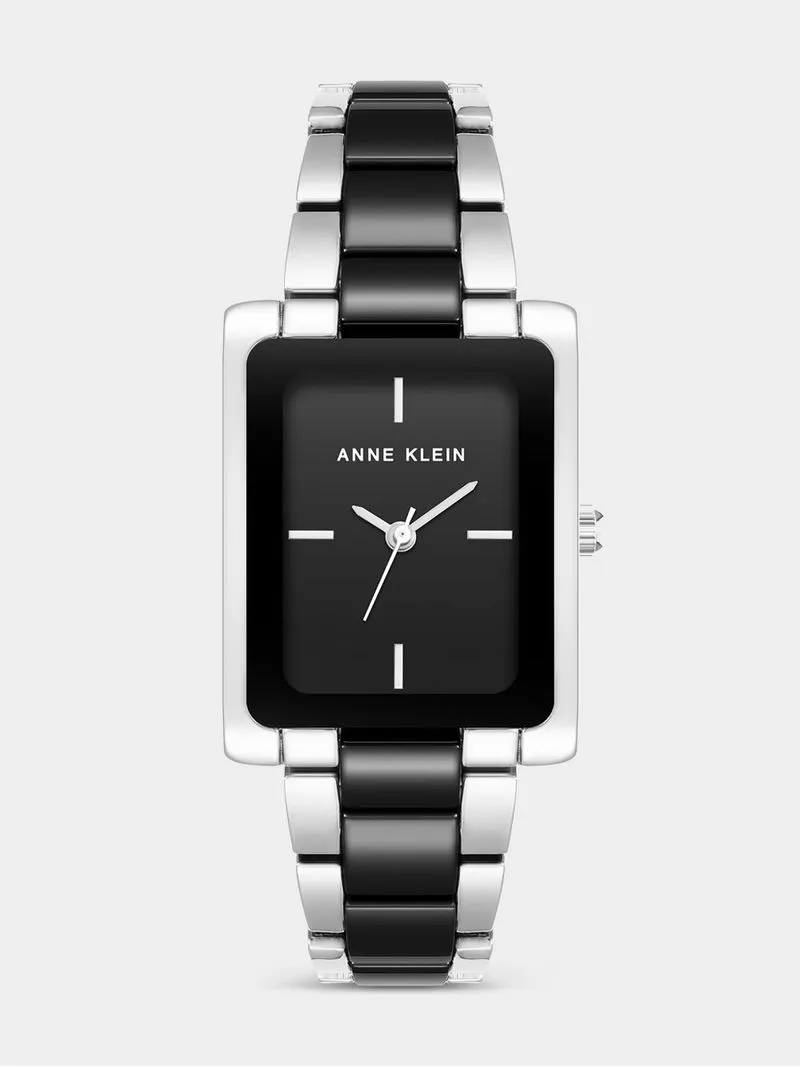 Anne Klein Silver Plated & Black Ceramic Rectangular Bracelet Watch