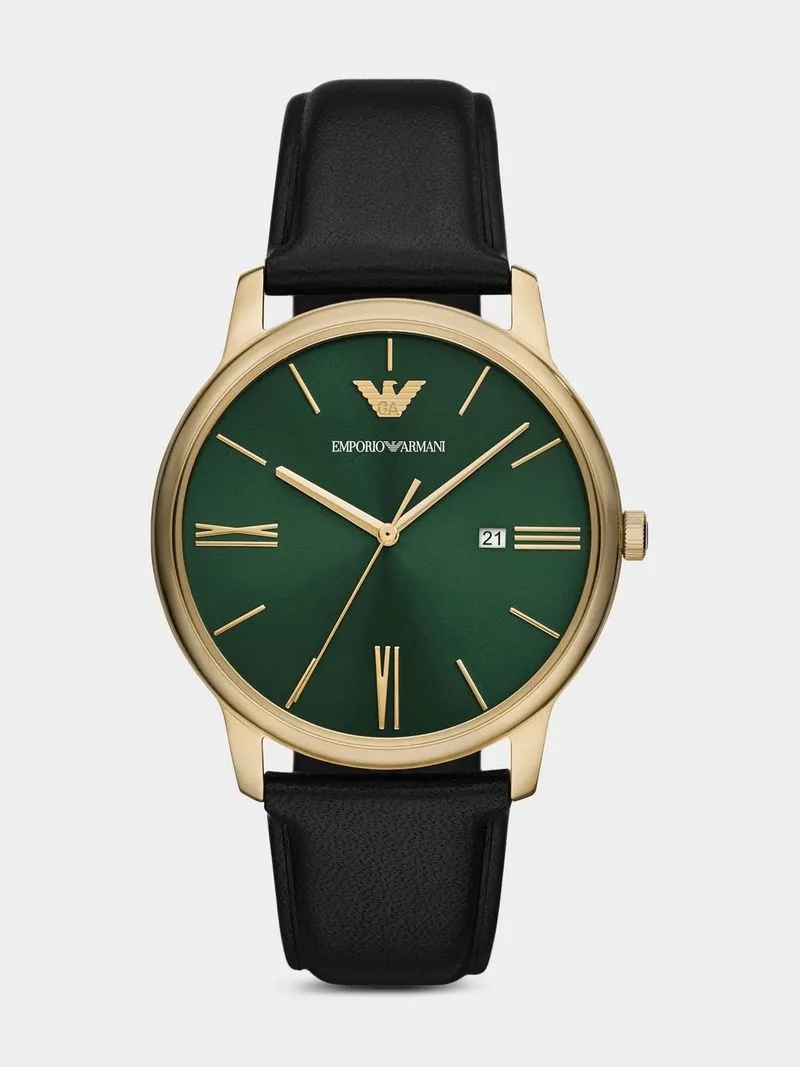 Emporio Armani Green Dial Gold Plated Black Leather Watch