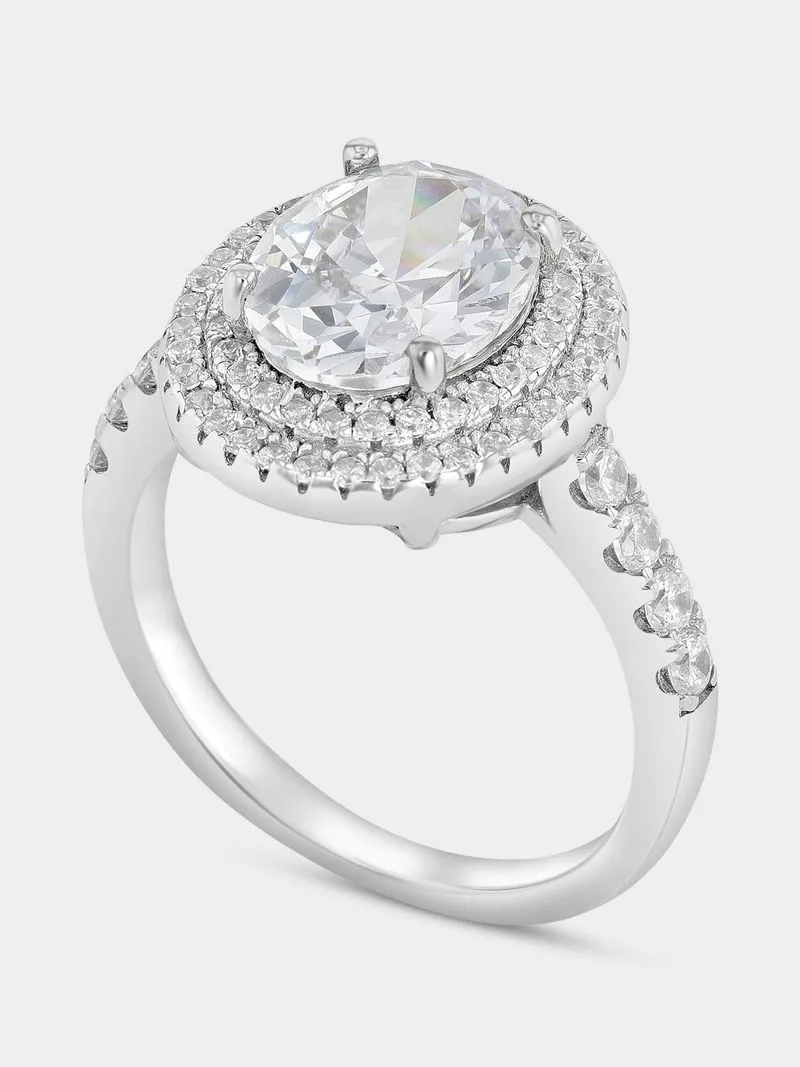 Sterling Silver Cubic Zirconia Oval Double Halo Ring
