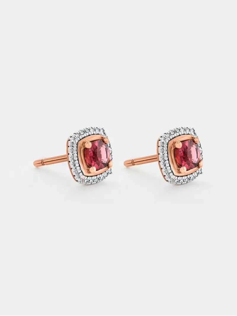Rose Gold Diamond & Rhodolite Cushion Halo Stud Earrings