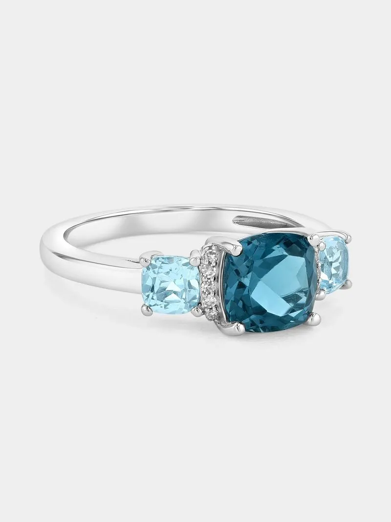 White Gold Diamond & Blue Topaz Cushion-Cut Trilogy Ring