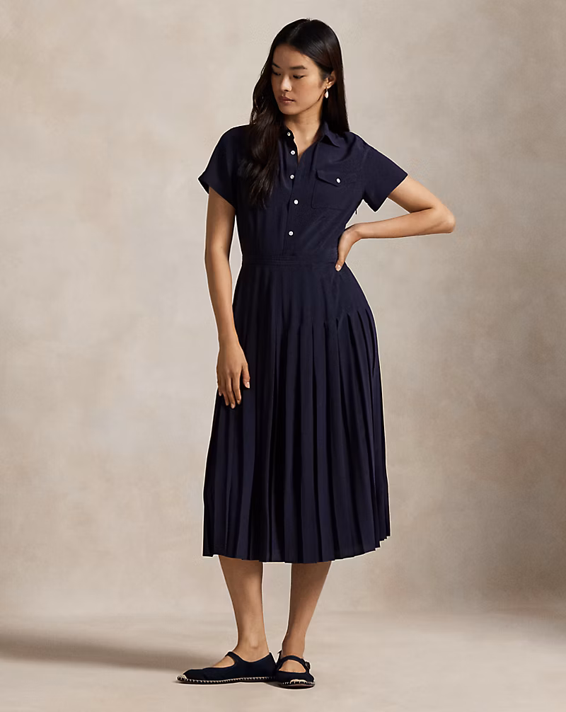 シルク クレープ プリーテッド シャツドレス