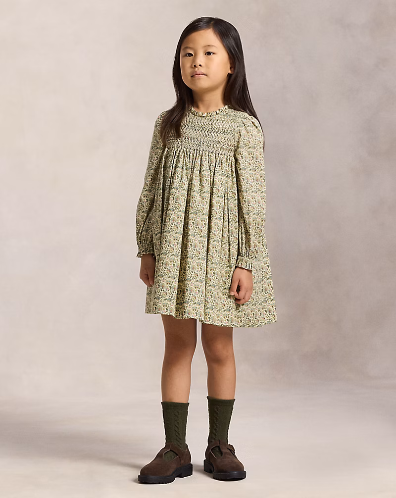 フローラル スモックド コットン ポプリン ドレス