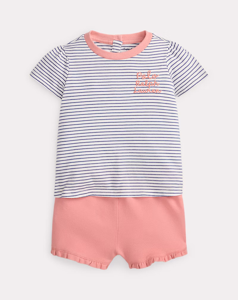 ストライプド コットン Tシャツ & メッシュ ショートパンツ セット