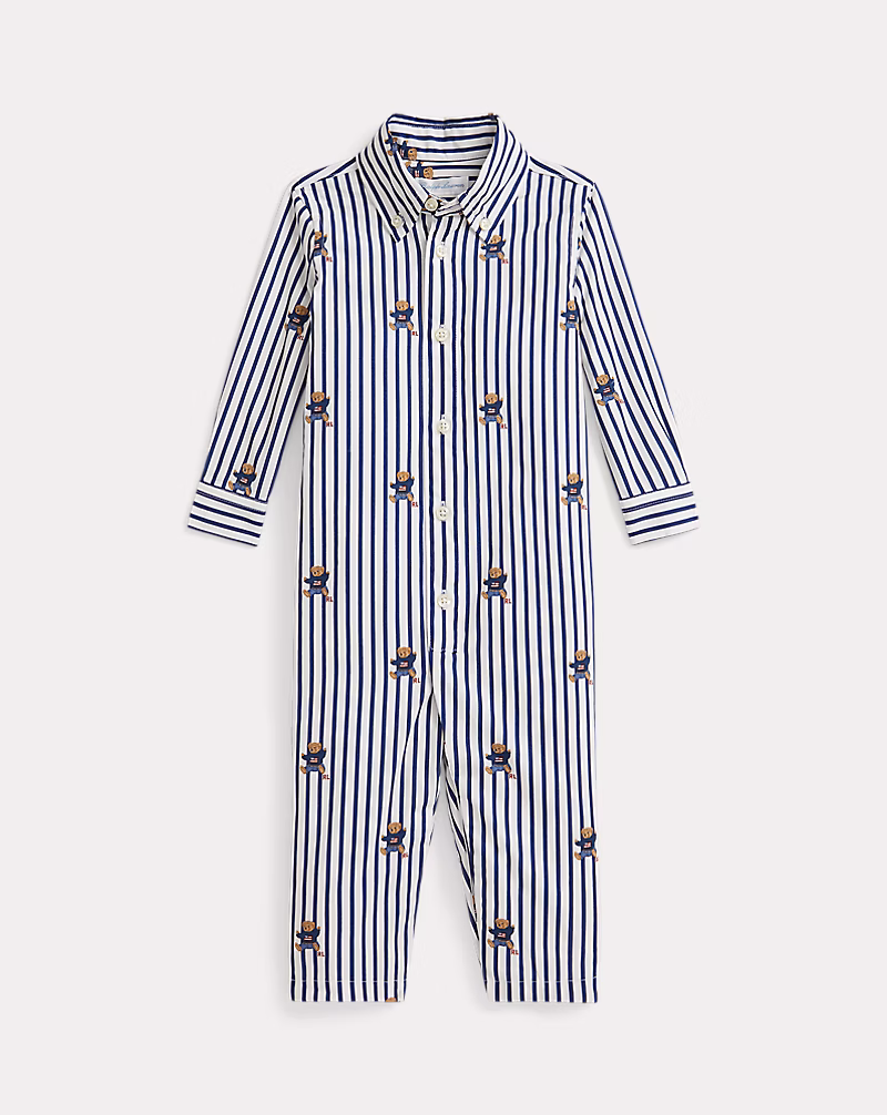 Polo ベア ストライプド コットン ポプリン カバーオール