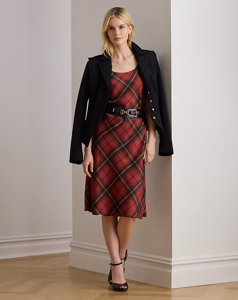 チェック サテン スリーブレス カクテル ドレス