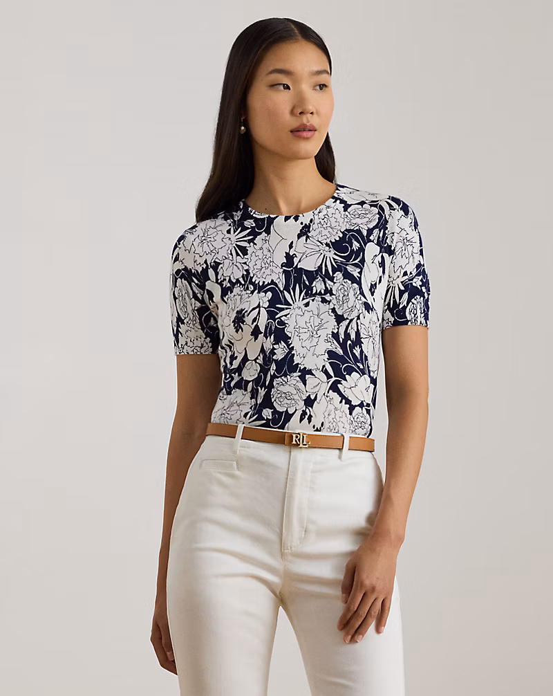 フローラル コットンブレンド ショートスリーブ セーター