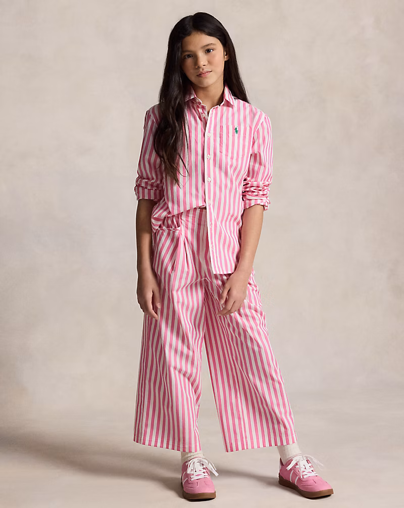 ストライプド コットン ポプリン ワイドレッグ パンツ