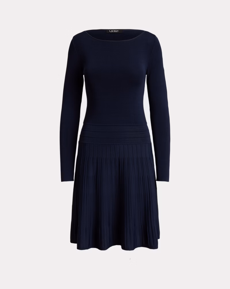 プリーテッド フィット & フレア ボートネック ドレス