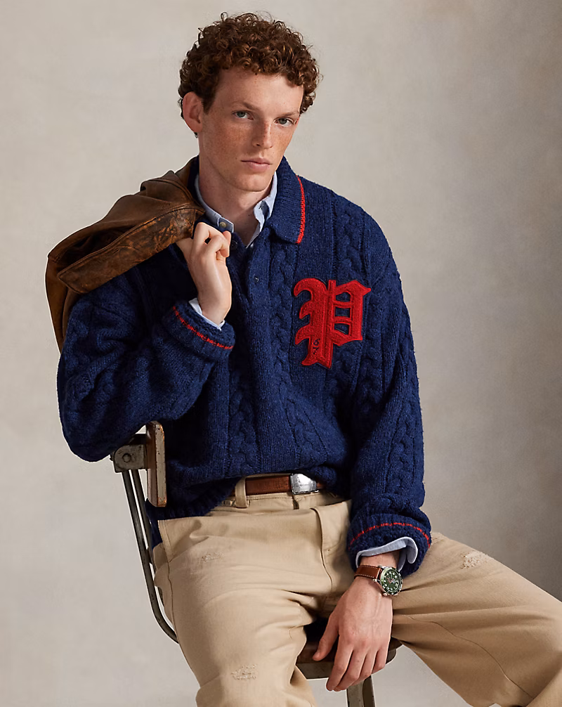 ケーブルニット ポロカラー レター セーター