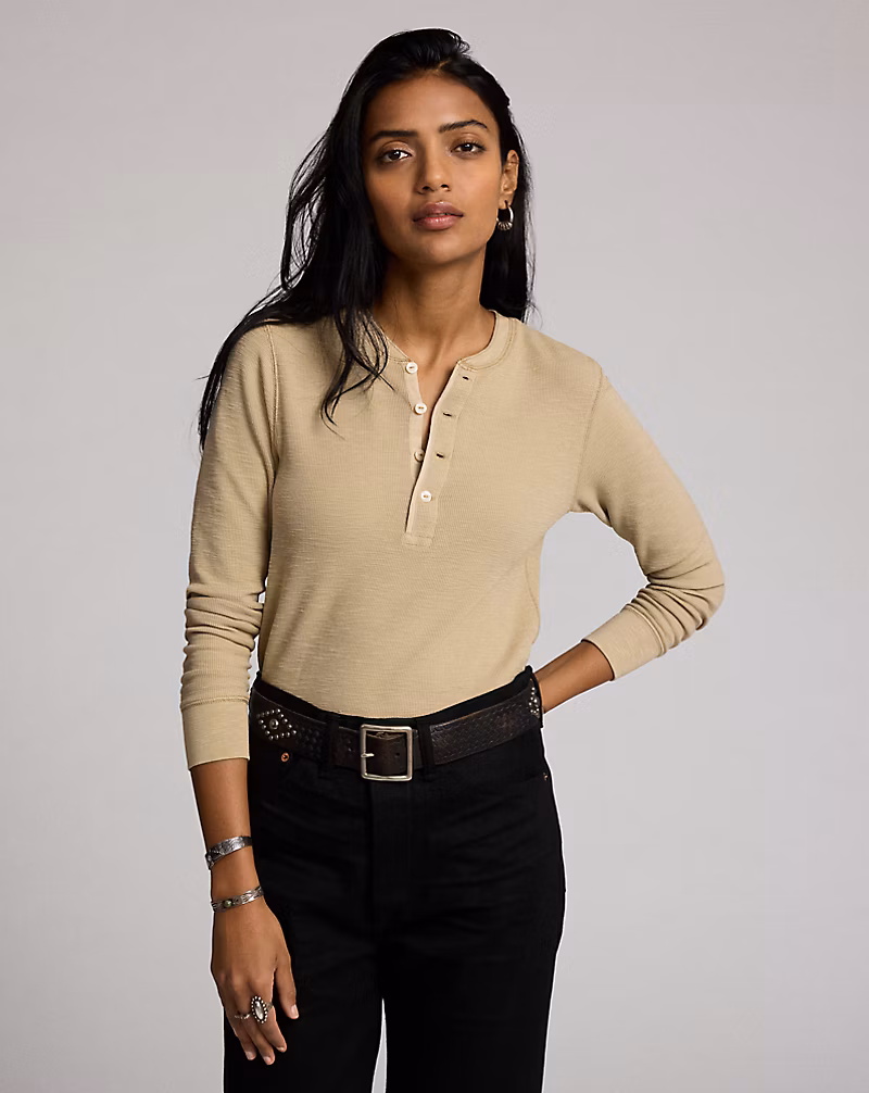 ガーメントダイド ワッフルニット ヘンリーネック シャツ