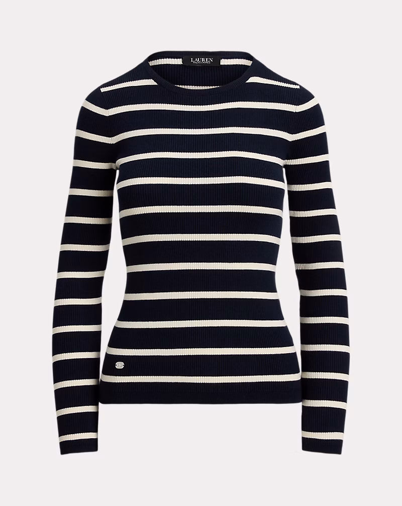 ストライプド リブニット クルーネック セーター