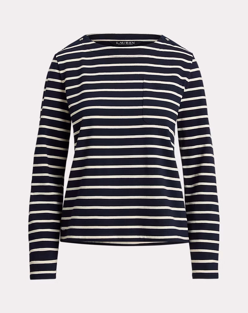 ストライプド ジャージー スナップトリム ボートネック トップス