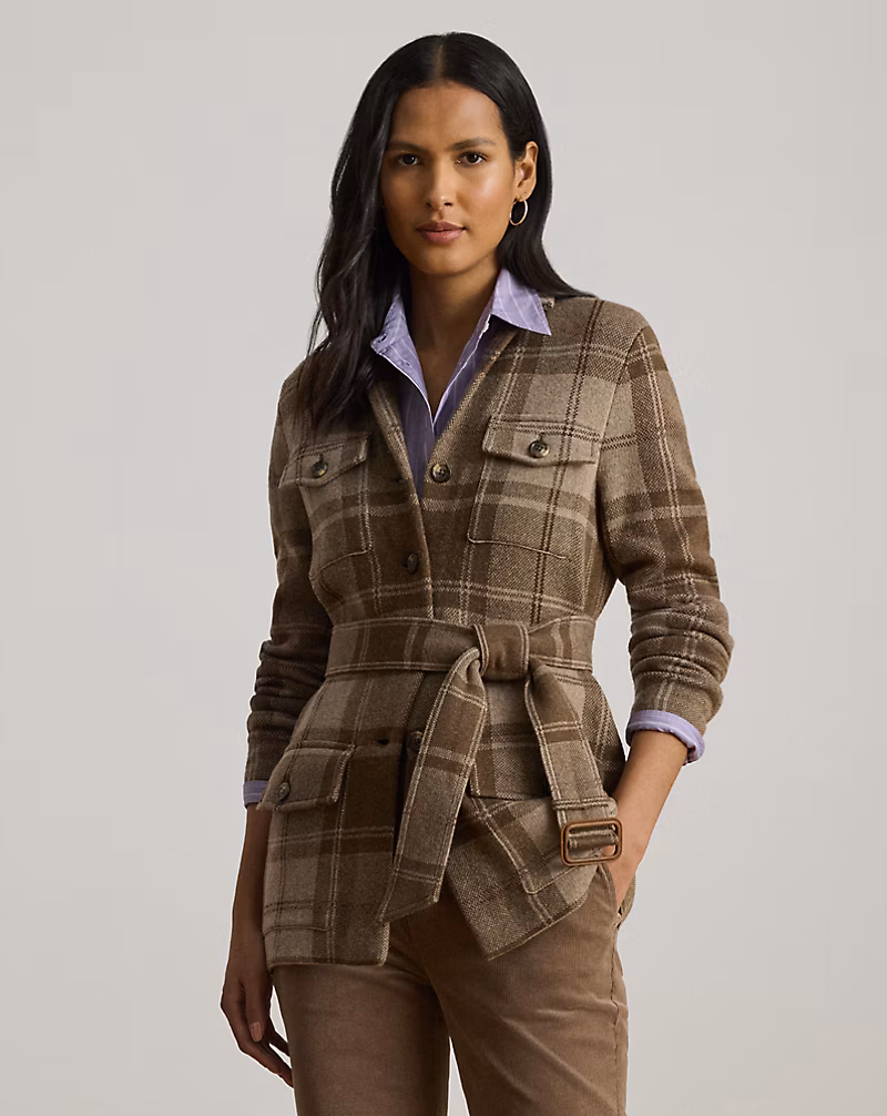 チェック ベルテッド ダブルニット ブレザー