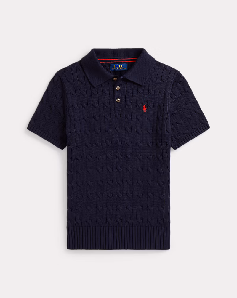 ケーブルニット コットン ポロカラー セーター