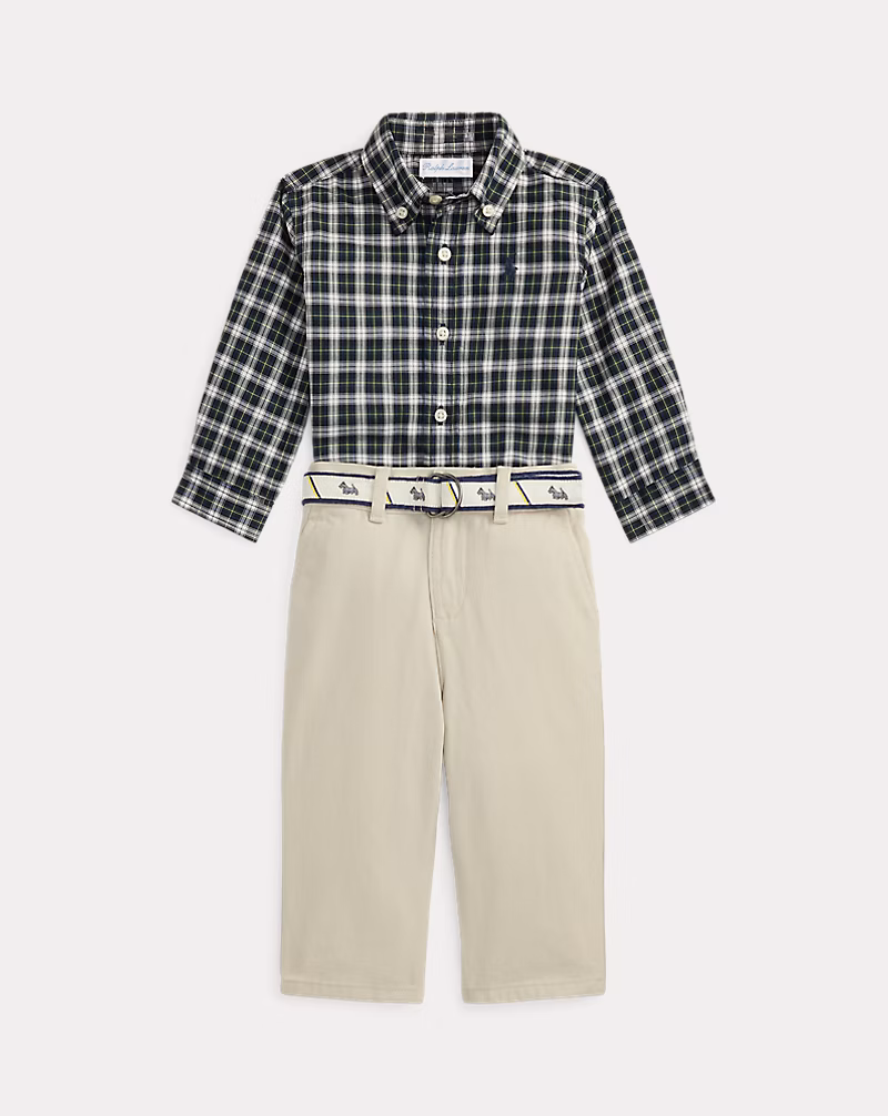 チェック シャツ、ベルト & キャンバス パンツ セット
